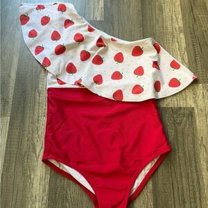 Saint ida swim Strawberry Kids Print One-Shoulder Swimsuit 6T EUC
